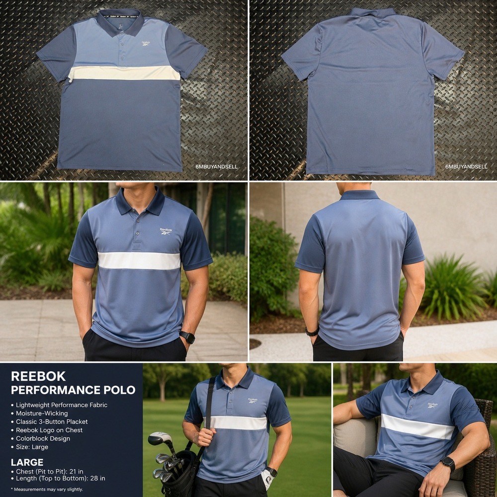 Reebok Mens Performance Polo Shirt Blue Colorblock Moisture Wicking Large REM231